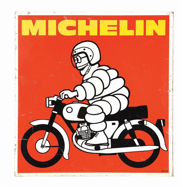 MICHELIN MOTORCYCLE TIRES TIN FLANGE SIGN W/ MOTORCYCLE GRAPHIC. 