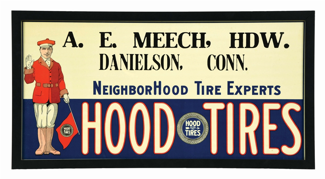 OUTSTANDING HOOD TIRES TIN SIGN W/ FLAGMAN GRAPHIC & ADDED FRAME. 