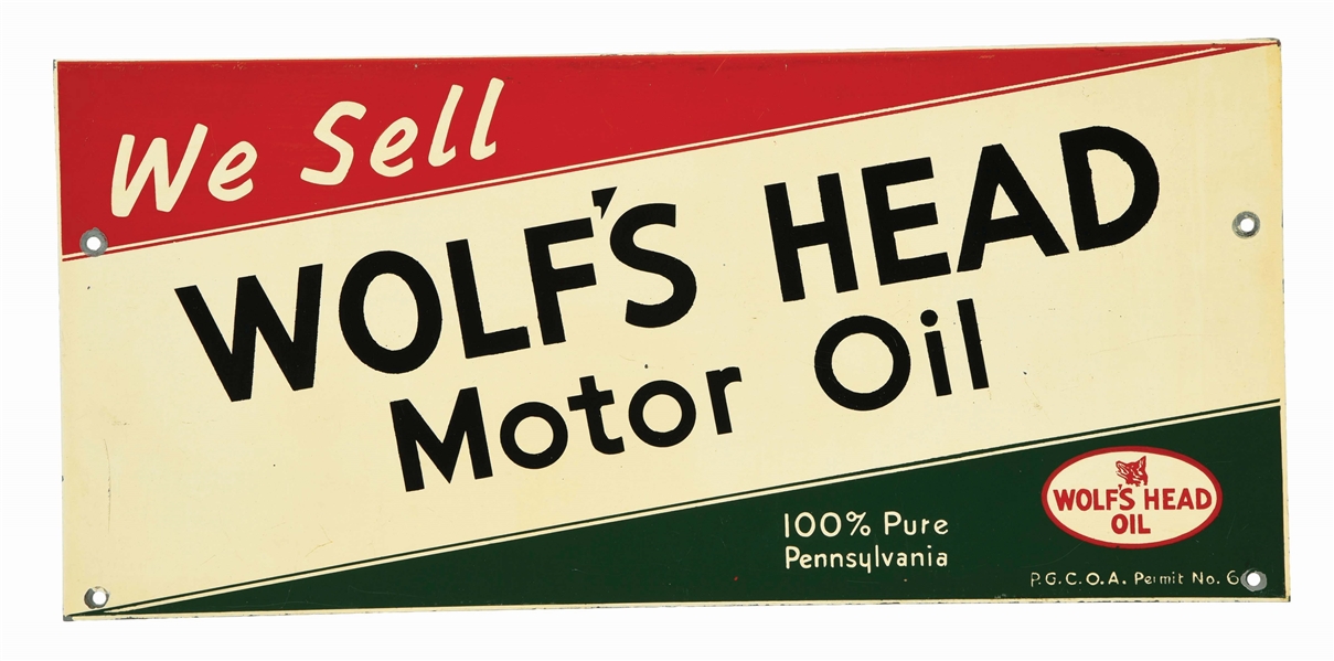 WOLFS HEAD MOTOR OIL TIN CAN RACK SIGN.