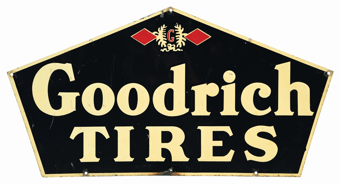 GOODRICH TIRES EMBOSSED TIN SERVICE STATION SIGN.