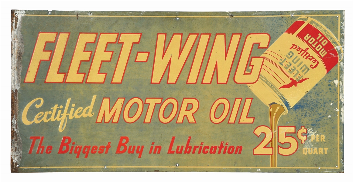 RARE FLEET WING MOTOR OIL EMBOSSED TIN SIGN W/ OIL CAN GRAPHIC. 