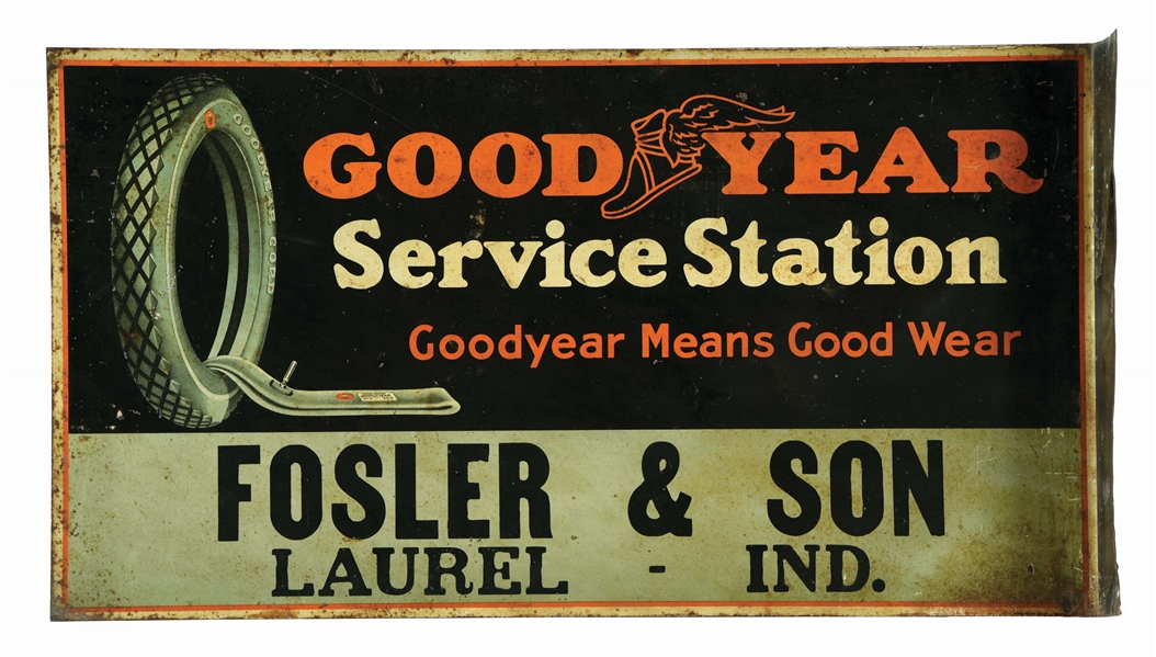 GOODYEAR TIRES SERVICE STATION TIN FLANGE SIGN W/ TIRE GRAPHIC. 