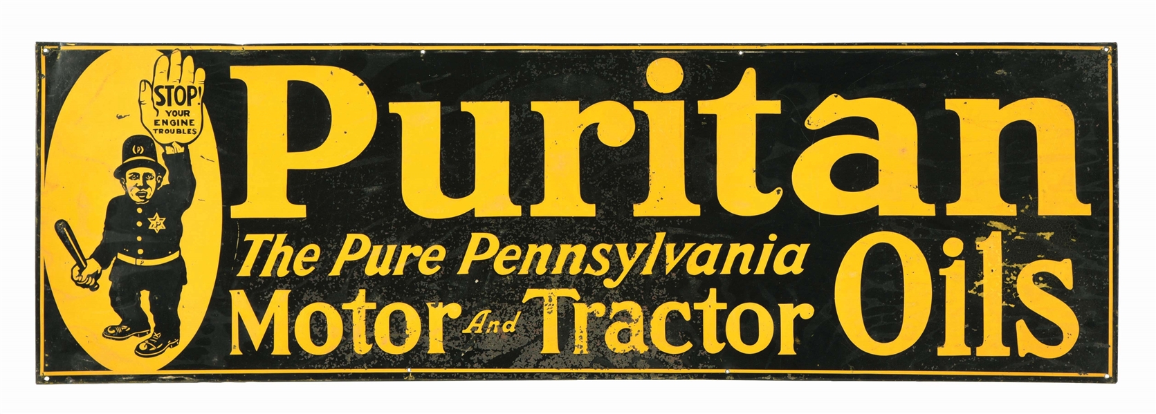 PURITAN MOTOR & TRACTOR OILS EMBOSSED TIN SIGN W/ POLICE OFFICER GRAPHIC. 