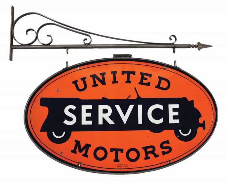 UNITED MOTORS SERVICE PORCELAIN SIGN W/ IRON RING & ORNATE HANGING BRACKET. 
