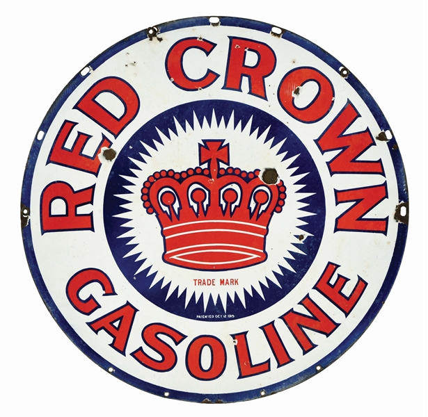 RED CROWN GASOLINE PORCELAIN CURB SIGN W/ CROWN GRAPHIC. 