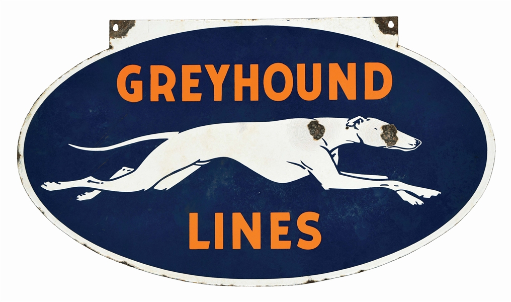 GREYHOUND BUS LINES PORCELAIN SIGN W/ DOG GRAPHIC. 