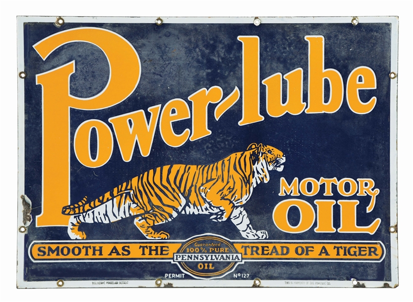 POWERLUBE MOTOR OIL PORCELAIN SIGN W/ TIGER GRAPHIC. 