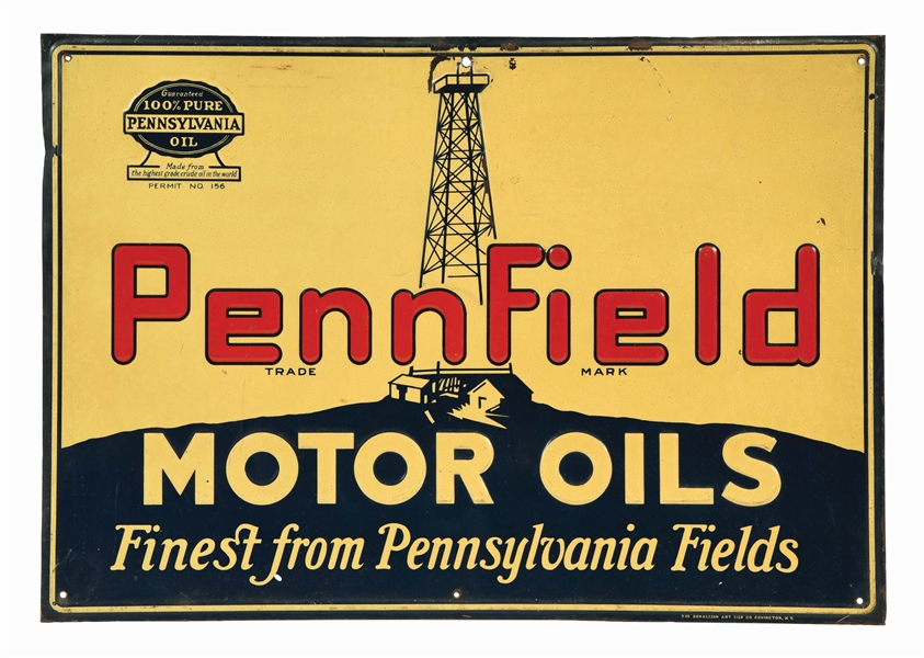 PENNFIELD MOTOR OILS EMBOSSED TIN SIGN W/ OIL DERRICK GRAPHIC. 