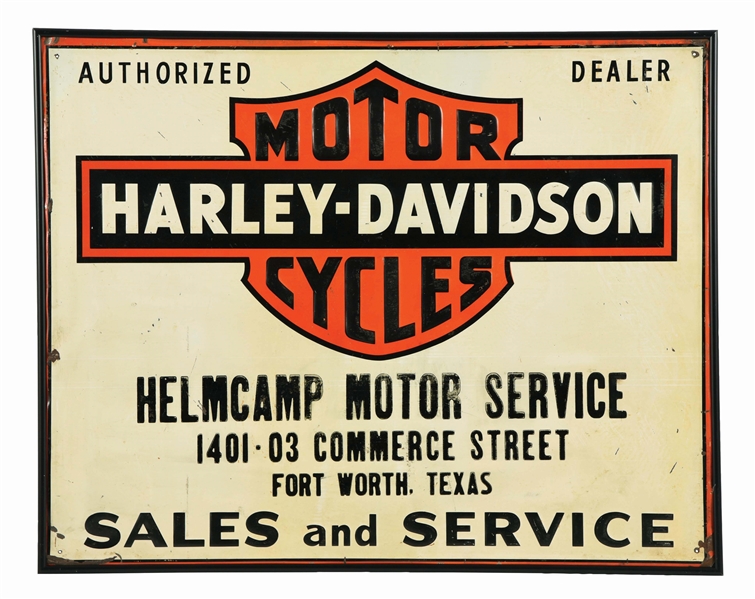 HARLEY DAVIDSON MOTORCYCLES SALES & SERVICE EMBOSSED TIN SIGN.