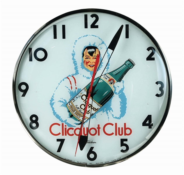 CLICQUOT CLUB BEVERAGES TELECHRON LIGHT UP GLASS FACE CLOCK. 