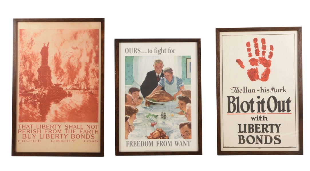 LOT OF 3: TWO WORLD WAR I LIBERTY BOND POSTERS AND ONE WORLD WAR II WAR BOND POSTER.
