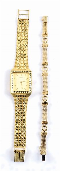 LOT OF 2: 14K GOLD WATCH W/BAND AND BRACELET. 
