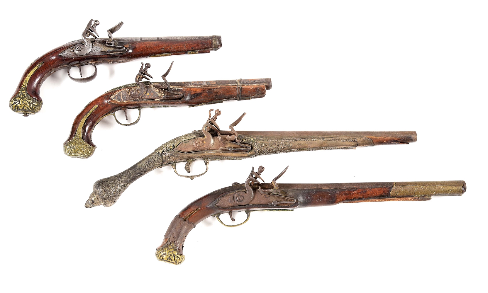 (A) LOT OF 4: MIDDLE EASTERN AND MEDITERRANEAN FLINT PISTOLS.