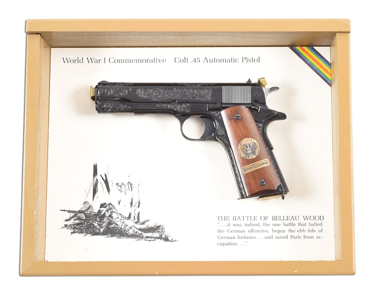 (M) WORLD WAR I BELLEAU WOOD COMMEMORATIVE COLT 1911 SEMI-AUTOMATIC PISTOL WITH DISPLAY CASE.