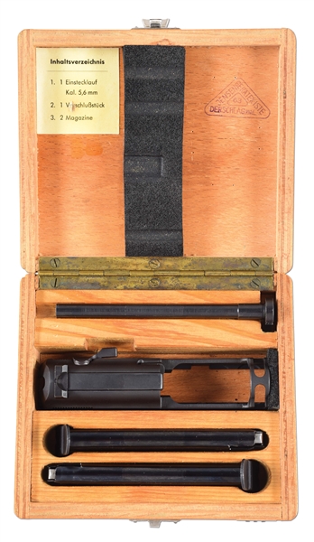 SCARCE POST-WORLD WAR II BMI POLICE MARKED P38 .22 CONVERSION KIT IN WOOD CASE.