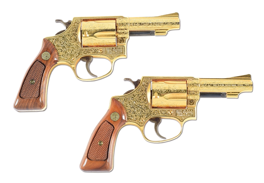 (C) CONSECUTIVE PAIR OF GOLD PLATED AND ENGRAVED SMITH & WESSON MODEL 36 CHIEFS SPECIAL DOUBLE ACTION REVOLVERS.
