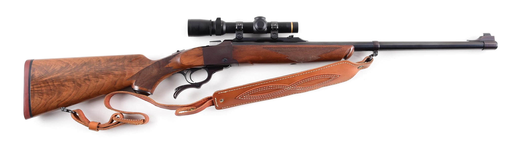 (M) RUGER NO. 1 SINGLE SHOT RIFLE IN .375 H&H WITH SCOPE AND SLING.