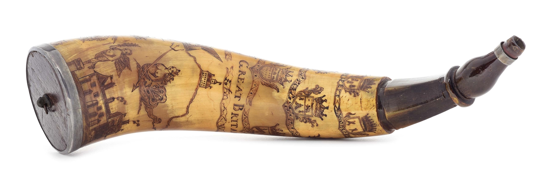 UNIQUE ENGRAVED POWDER HORN OF JOHN WALKEN INSCRIBED "GREAT BRITAINS WEALTH AND GLORY" ATTRIBUTED TO THE MASTER CARVER.