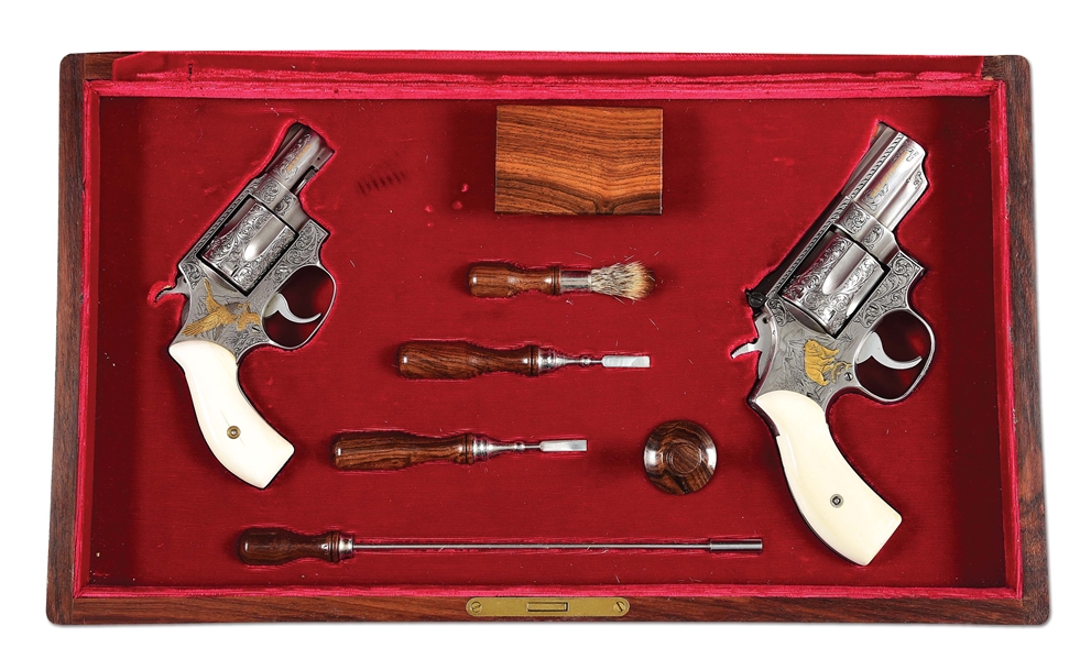 (M) CASED PAIR OF ANGELO BEE ENGRAVED SMITH & WESSON MODEL 60 AND MODEL 66 REVOLVERS.