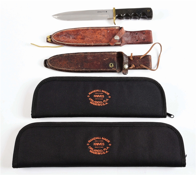 LOT OF 5 RANDALL PIECES: 1 KNIFE, 2 LEATHER SCABBARDS AND 2 CASES.