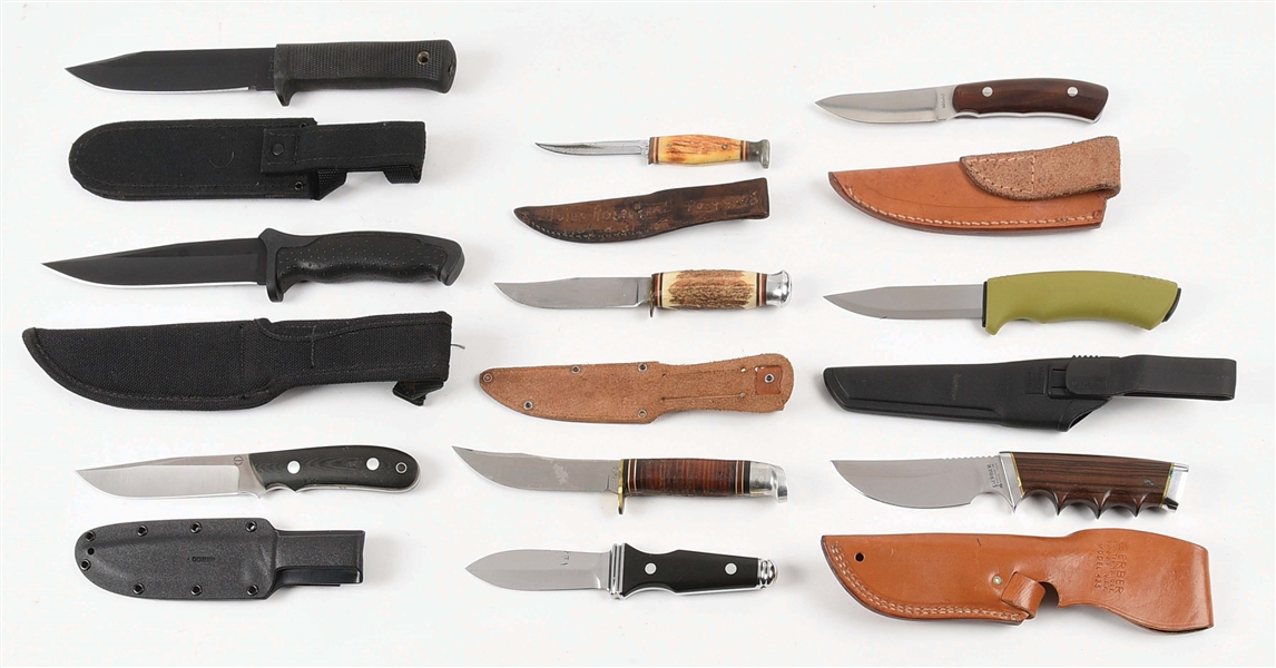 LOT OF 10: CONTEMPORARY AMERICAN, GERMAN, AND SWEDISH FIXED BLADE KNIVES.