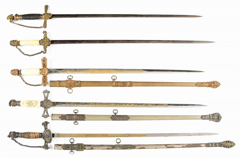 LOT OF 5: AMERICAN FRATERNAL SWORDS, 3 WITH GOLD WASHED BLADES.