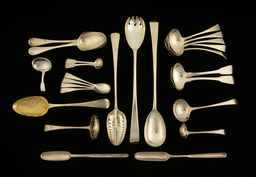 A GROUP OF ENGLISH SILVER SPOONS AND LADLES.