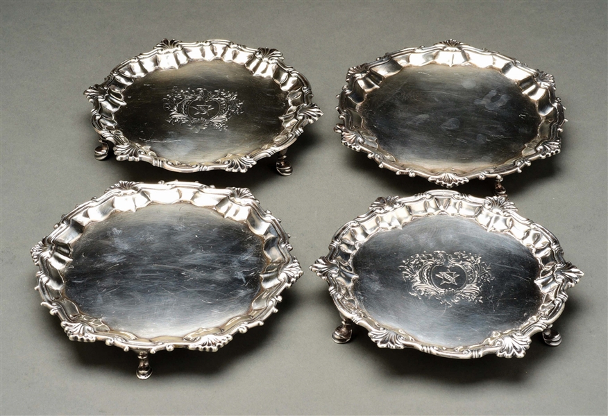 TWO PAIRS OF ENGLISH SILVER WAITERS.