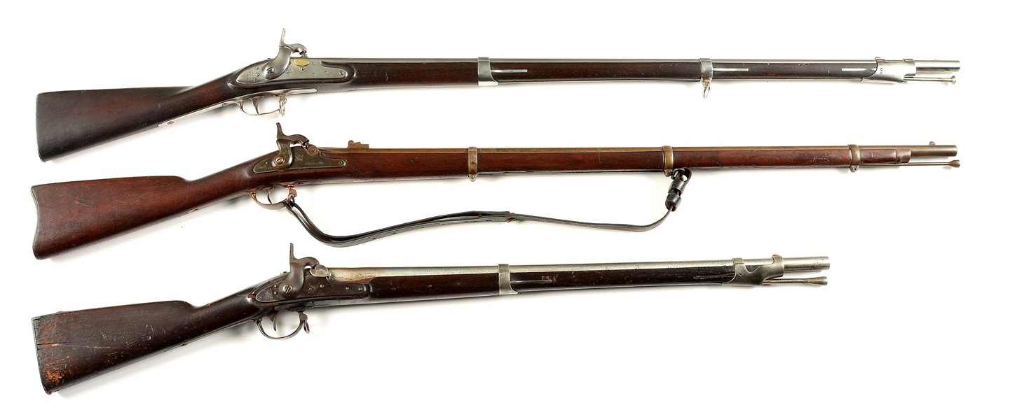 (A) LOT OF 3: HARPERS FERRY AND BRIDESBURG PERCUSSION RIFLES.