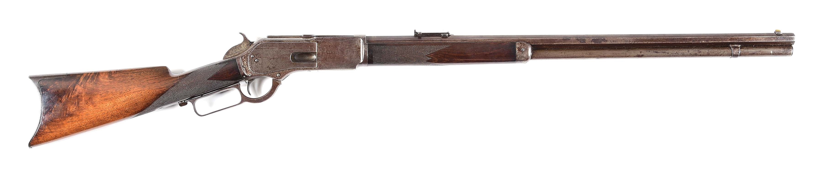 (A) EARLY WINCHESTER MODEL 1876 DELUXE LEVER ACTION RIFLE.
