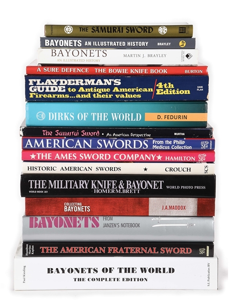 LOT OF 15 BOOKS, MOSTLY RELATING TO SWORDS AND BAYONETS.