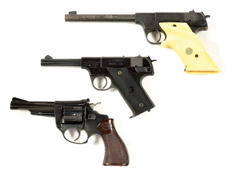 (C) LOT OF 3: TWO HI STANDARD PISTOLS AND ONE ASTRA REVOLVER.