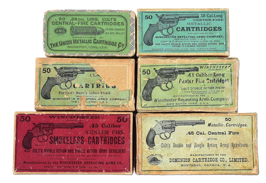 LOT OF 6: ANTIQUE AMMO PICTURE BOXES.