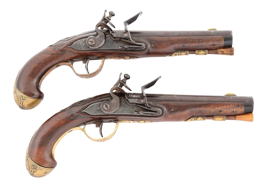 (A) FINE PAIR OF AMERICAN FLINTLOCK PISTOLS INSCRIBED "INDEPENDENCE", ATTRIBUTED TO HALBACH OF BALTIMORE.