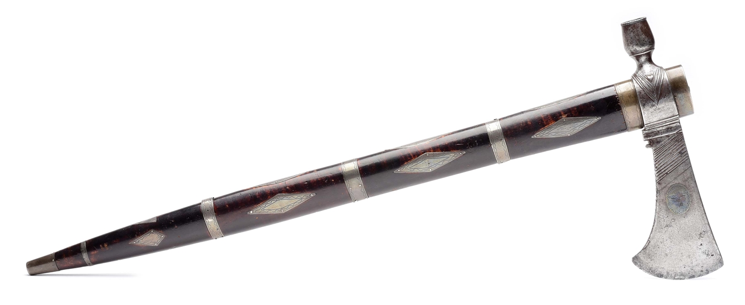 EXTREMELY FINE AND WELL-DOCUMENTED SILVER-INLAID PRESENTATION PIPE TOMAHAWK.