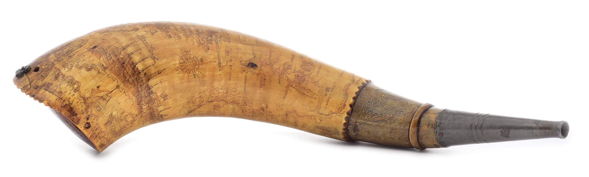 LARGE PROFESSIONALLY ENGRAVED FRENCH AND INDIAN WAR HAVANA MAP POWDER HORN.