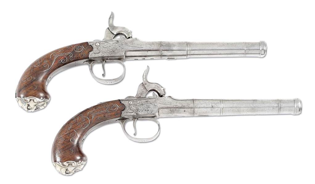 (A) IMPORTANT DOCUMENTED PAIR OF SILVER MOUNTED PISTOLS PRESENTED BY GEORGE WASHINGTON TO CAPTAIN JAMES CHAMBERS.