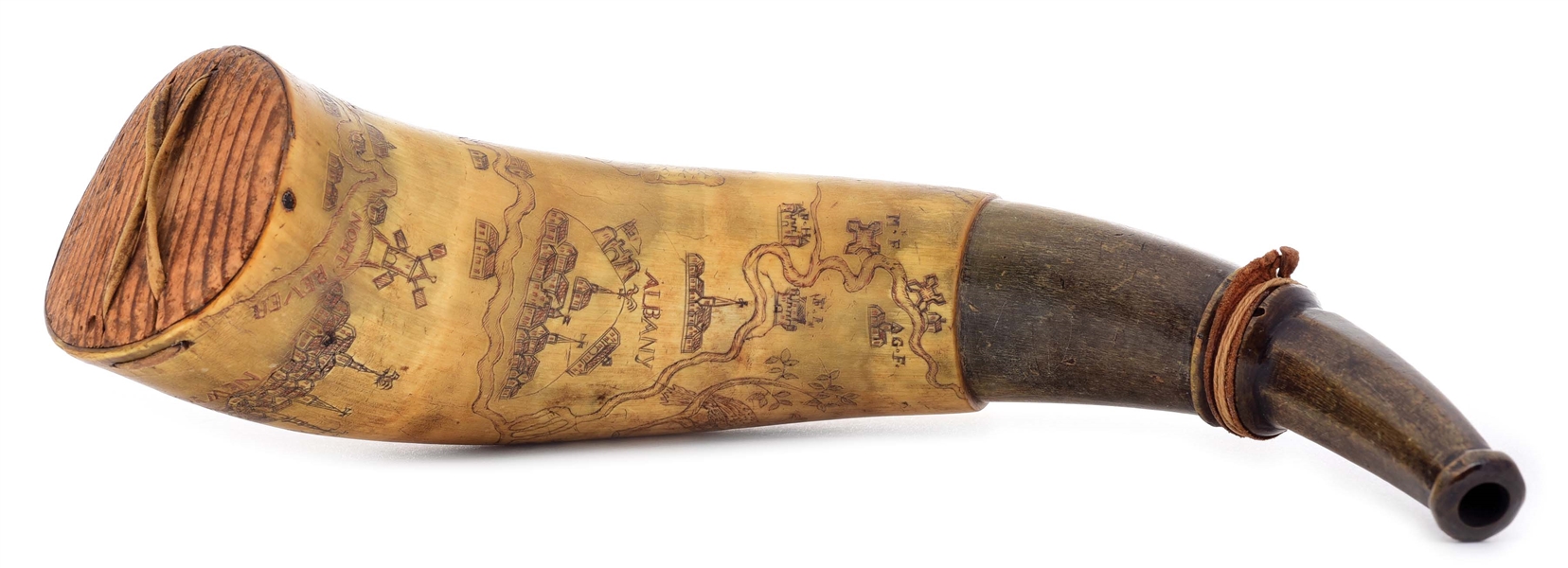FINE FRENCH AND INDIAN WAR ENGRAVED NEW YORK MAP POWDER HORN.