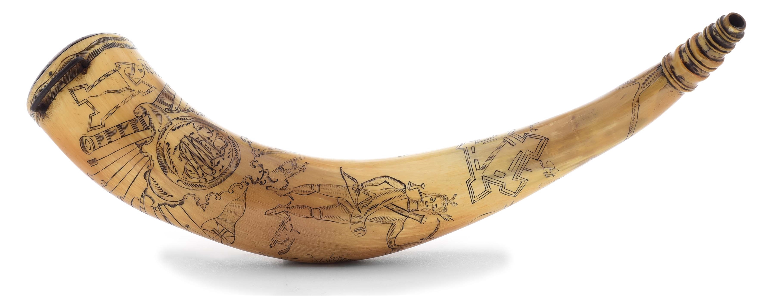 SCARCE ENGRAVED FORT PITT POWDER HORN FEATURING INDIANS, ATTRIBUTED TO JOHN SMALL.