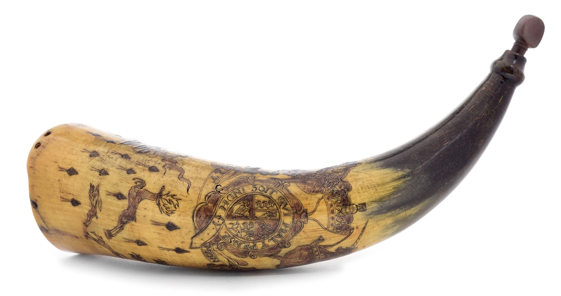 RARE FORT PITT POWDER HORN ATTRIBUTED TO POINTED TREE CARVER.