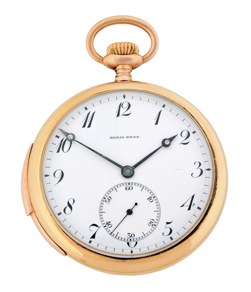 18K PINK GOLD PRIVATE LABEL E. KOEHN, GENEVE, FOR RYRIE BROS., MINUTE REPEATING O/F POCKET WATCH.