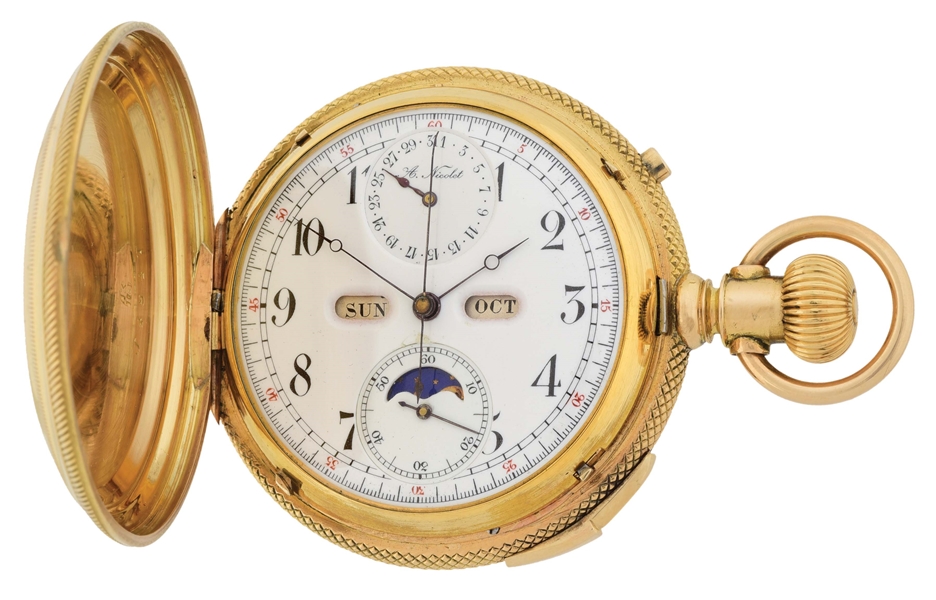 FINE 18K GOLD A. NICOLET SWISS GRAND COMPLICATIONS MINUTE REPEATING TRIPLE DATE CALENDAR CHRONOGRAPH H/C POCKET WATCH W/MOON PHASES.