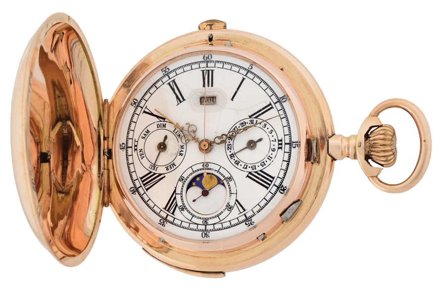 14K GOLD SWISS GRAND COMPLICATIONS MINUTE REPEATING TRIPLE DATE CALENDAR CHRONOGRAPH H/C POCKET WATCH W/MOON PHASES.