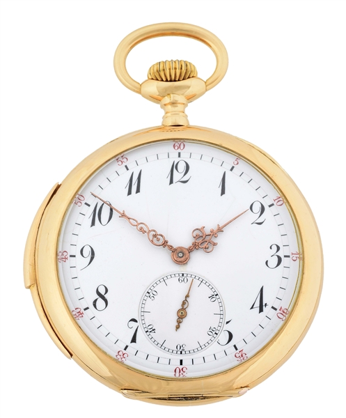 18K GOLD SWISS MINUTE REPEATING O/F POCKET WATCH W/ENGRAVED FINANCIAL CUVETTE. 