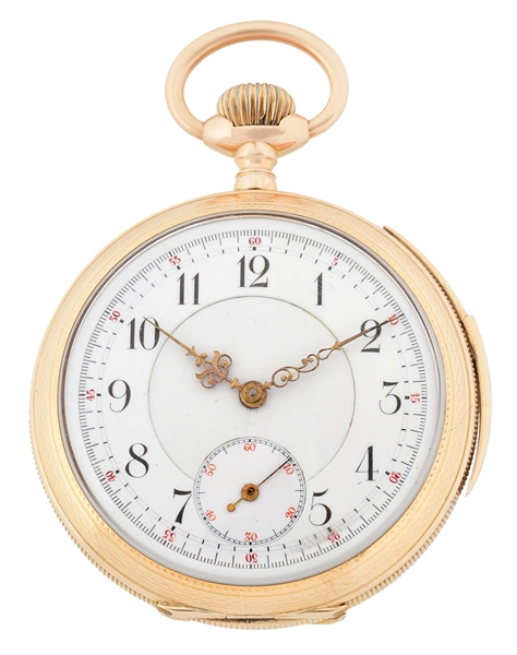 14K GOLD DUNAND SWISS QUARTER REPEATING O/F POCKET WATCH. 