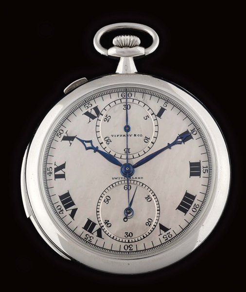 RARE AND IMPORTANT PLATINUM TIFFANY & CO. BY TOUCHON & CO., SWISS MINUTE REPEATING SPLIT-SECOND RATTRAPANTE CHRONOGRAPH O/F POCKET WATCH.