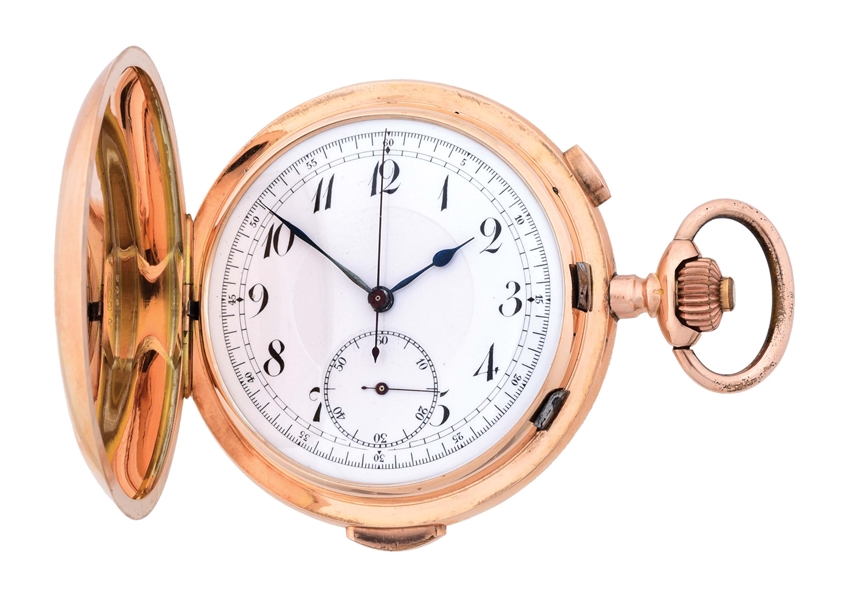 14K PINK GOLD MINUTE REPEATING CHRONOGRAPH H/C POCKET WATCH CIRCA 1900.