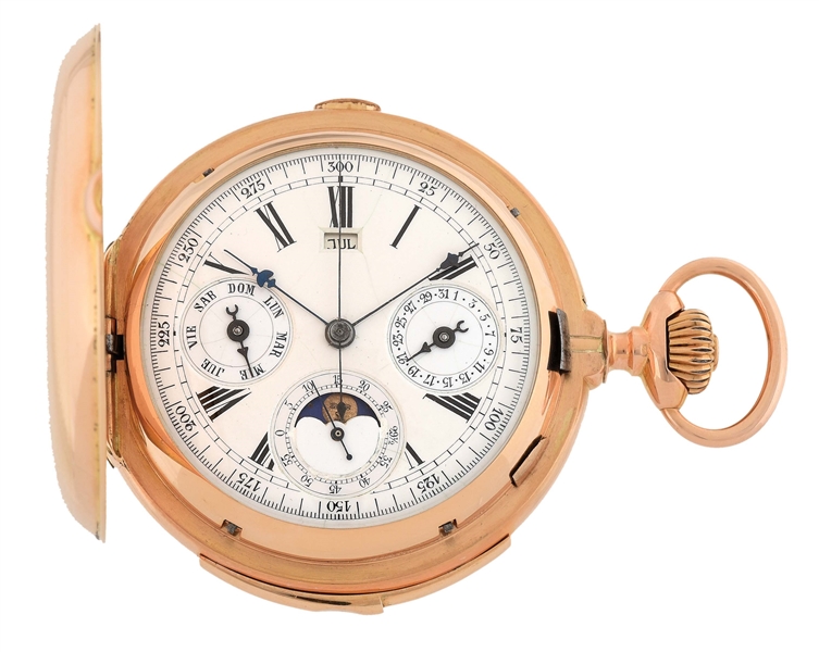 18K PINK GOLD CLINTON ULTRA LOGIC, GRAND COMPLICATIONS MINUTE REPEATING TRIPLE-DATE CHRONOGRAPH H/C POCKET WATCH WITH MOONPHASE. 
