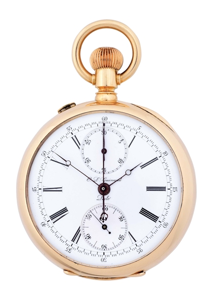 14K GOLD C.L. GUINAND SPLIT SECOND RATTRAPANTE CHRONOGRAPH O/F POCKET WATCH.