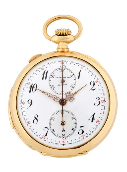18K GOLD TOUCHON & CO., GENEVE, MINUTE REPEATING SPLIT-SECOND RATTRAPANTE CHRONOGRAPH O/F POCKET WATCH W/PRESENTATION DATED 1905.